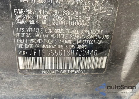 2008 Subaru Forester 2.5X from USA, damaged, VIN JF1SG65618H729440
